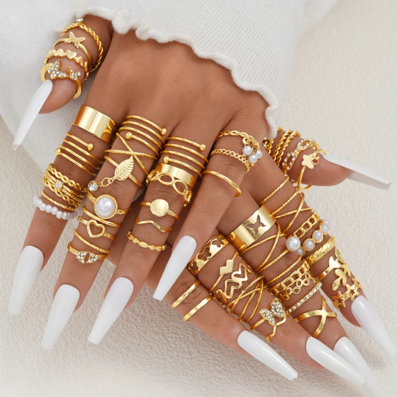 58PCS Vintage Heart Snake Butterfly Rings Set for Women Fashion Metal Gold Plated Geometric Hollow Finger Ring Jewelry Gifts New