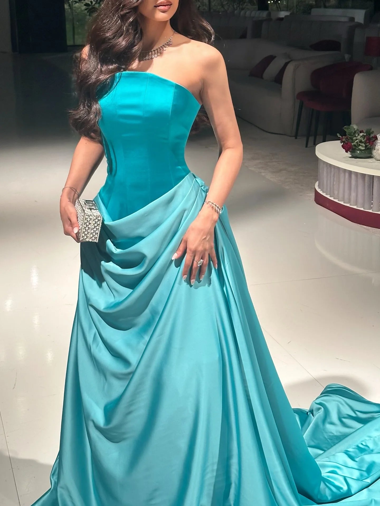 Sharon Said SF058 New Turquoise Satin Strapless Long Evening Dress
