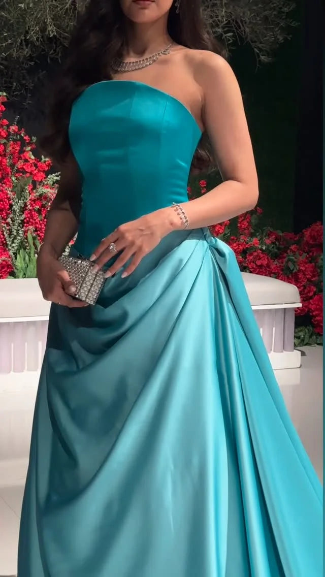 Sharon Said SF058 New Turquoise Satin Strapless Long Evening Dress