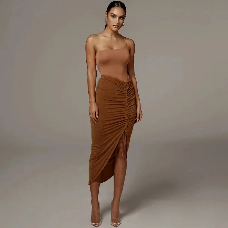 High Waist Ruched Bandage Sexy Skirt Spring Autumn Women Fashion Streetwear Outfits Chic Asymmetrical Drawstring Midi Skirt