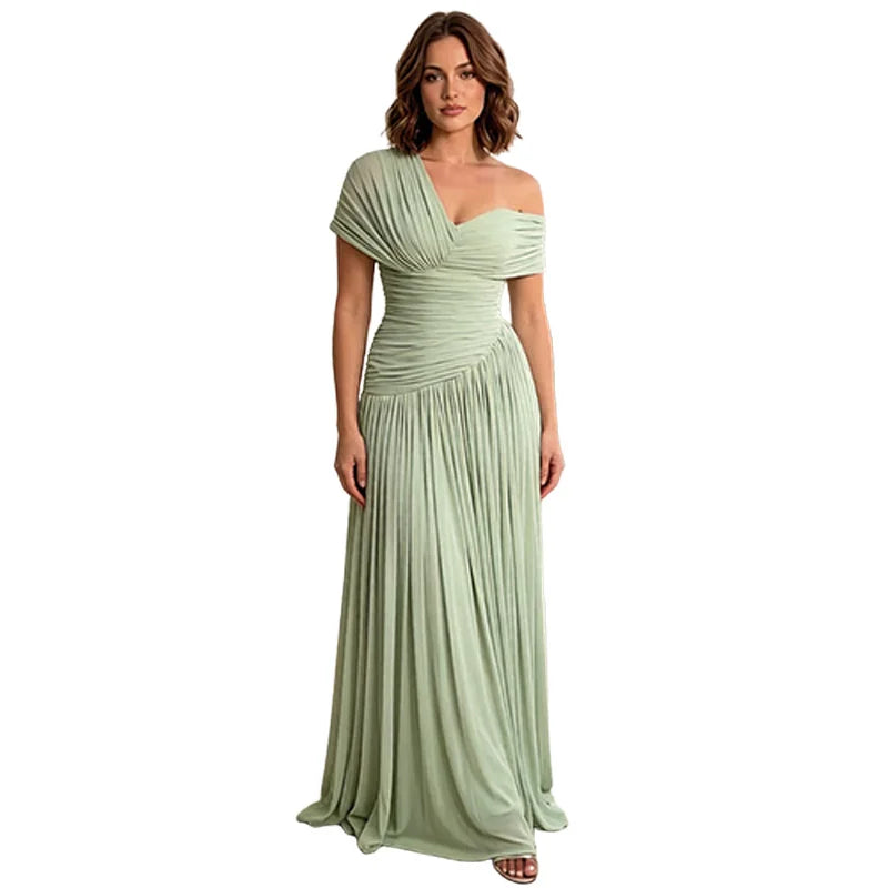 OEM European American Cross-border Women's Spring New Sweet Asymmetrical Collar High Waist Pleated Lace-up Long Sleeve Dress