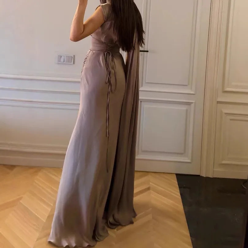 Women's Pleated Ribbon Satin Sleeveless Long Evening Dresses Fashion