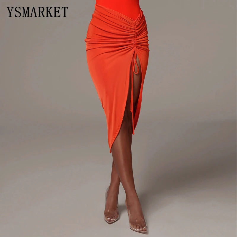 High Waist Ruched Bandage Sexy Skirt Spring Autumn Women Fashion Streetwear Outfits Chic Asymmetrical Drawstring Midi Skirt