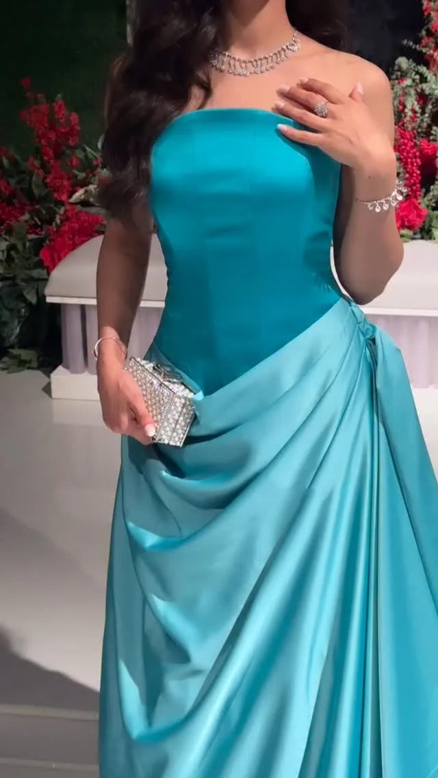 Sharon Said SF058 New Turquoise Satin Strapless Long Evening Dress