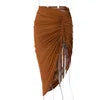 High Waist Ruched Bandage Sexy Skirt Spring Autumn Women Fashion Streetwear Outfits Chic Asymmetrical Drawstring Midi Skirt