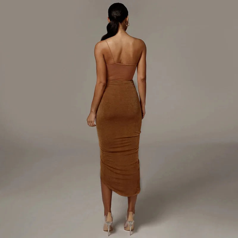 High Waist Ruched Bandage Sexy Skirt Spring Autumn Women Fashion Streetwear Outfits Chic Asymmetrical Drawstring Midi Skirt