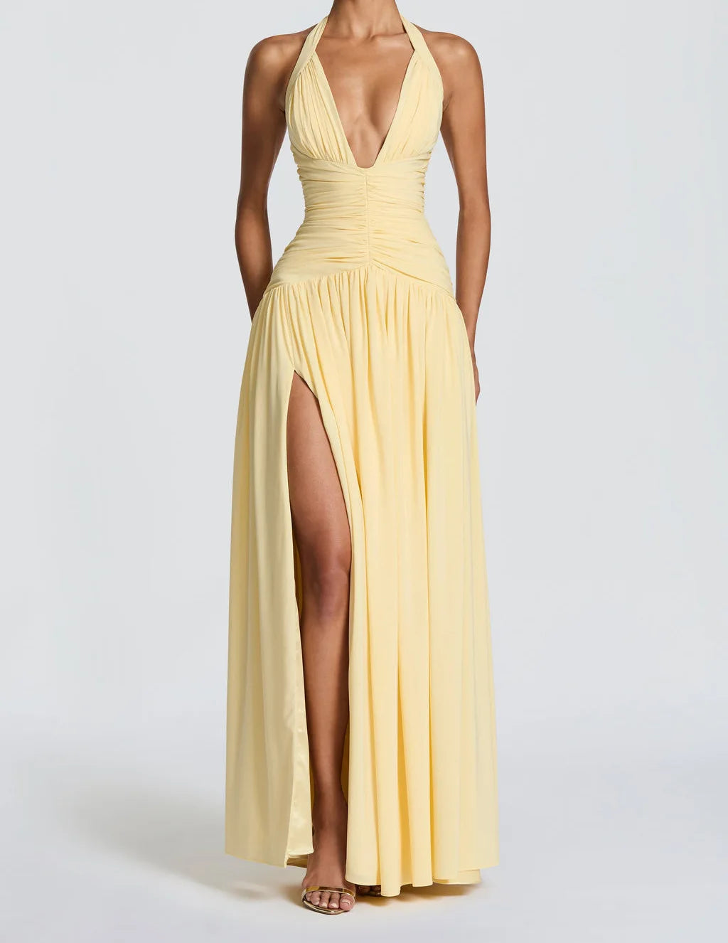 OUDINA New Stylish Deep V-Neckline Backless Sexy High Slit Long Summer Dresses Party Dress for Women