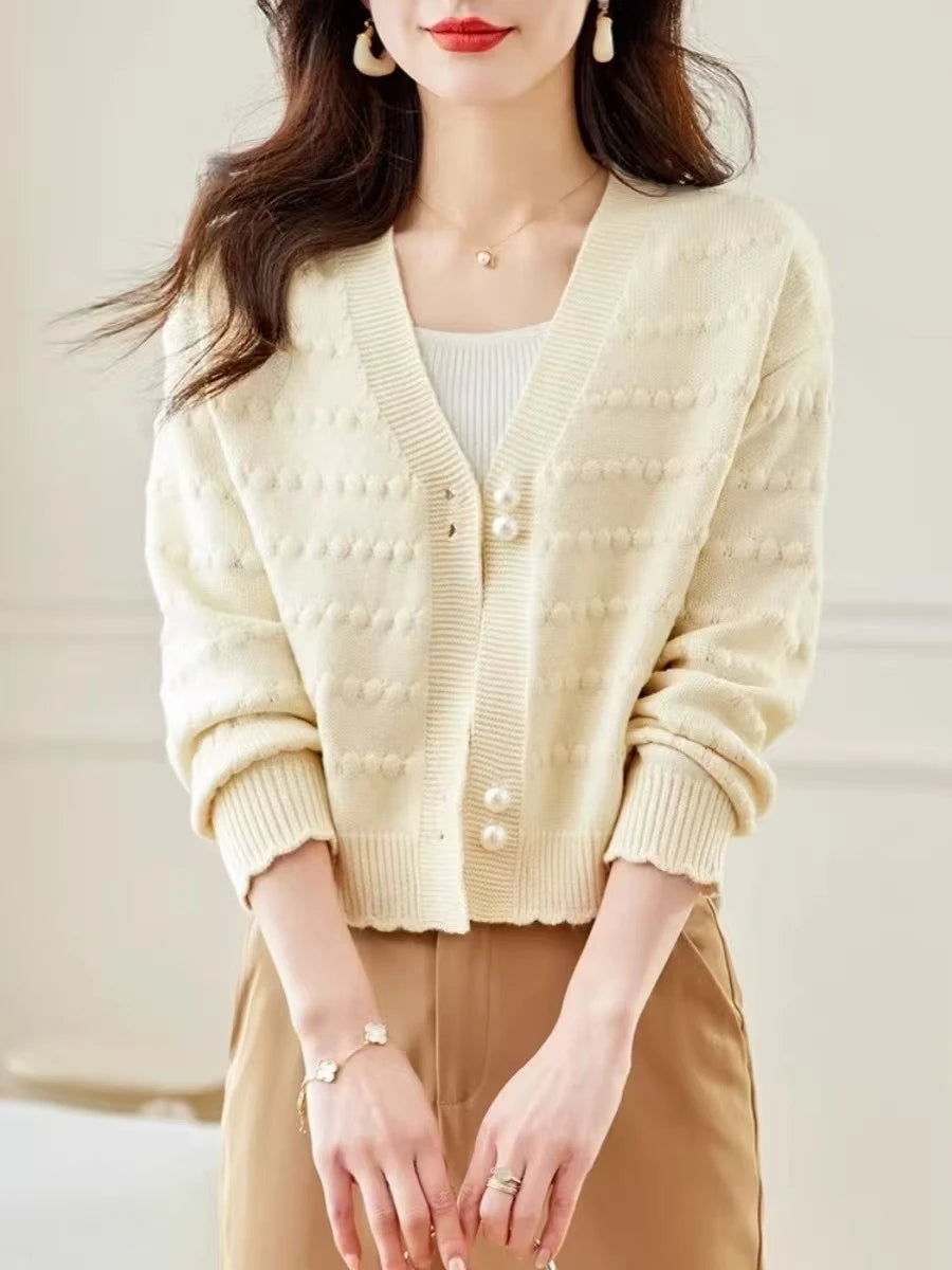 Women's Clothing Elegant Fashion V-neck Knit Cardigan Autumn Winter New Solid Sweet All-match Long Sleeve Top Lady Chic Sweaters
