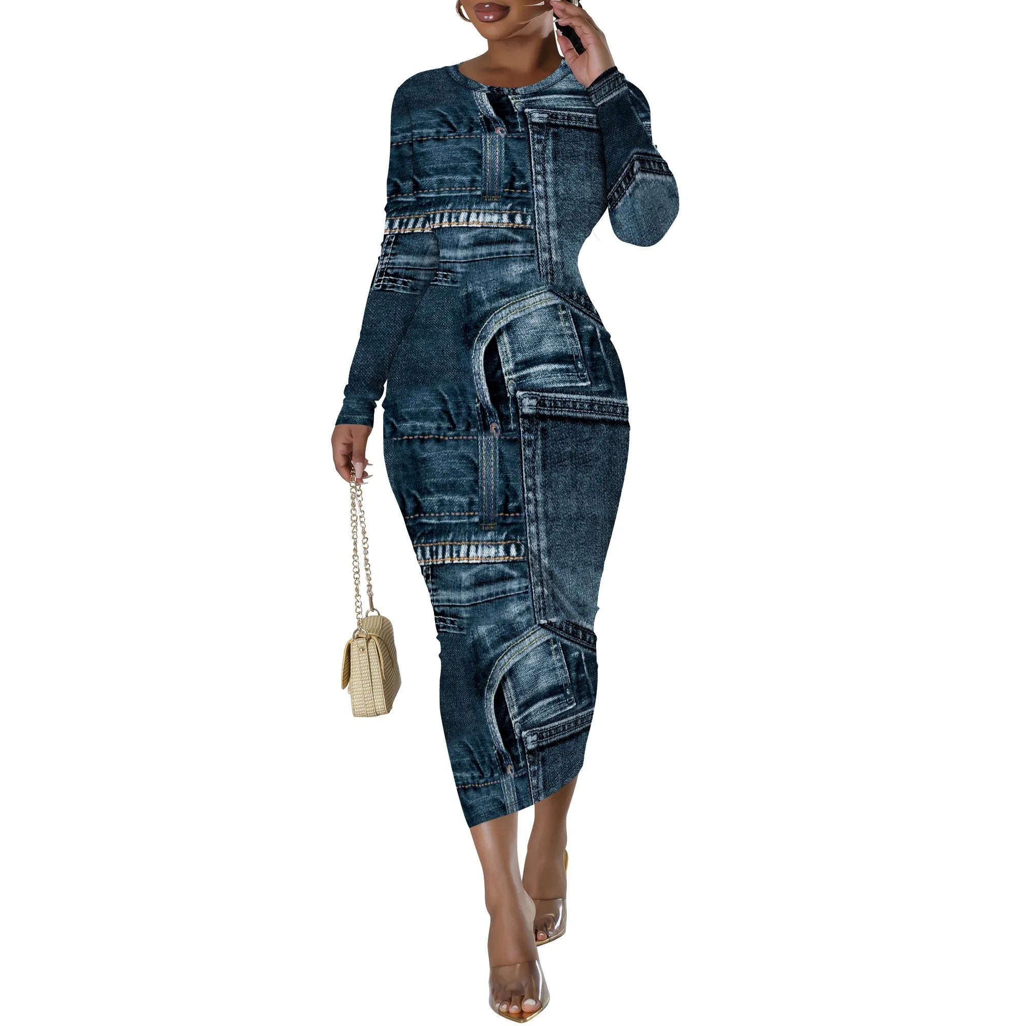 women's fashion temperament casual print slim black dress