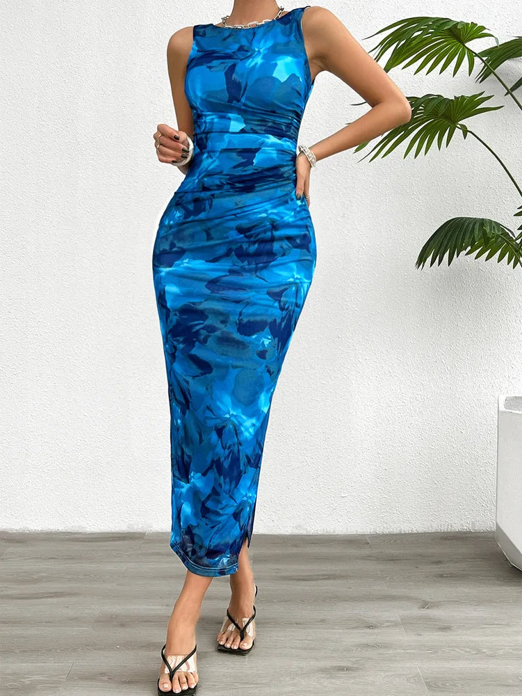Women's Clothing 2024 Spring Summer New Fashionable Printed Temperament Slim Fit Sexy Sleeveless Tight Fitting Dress