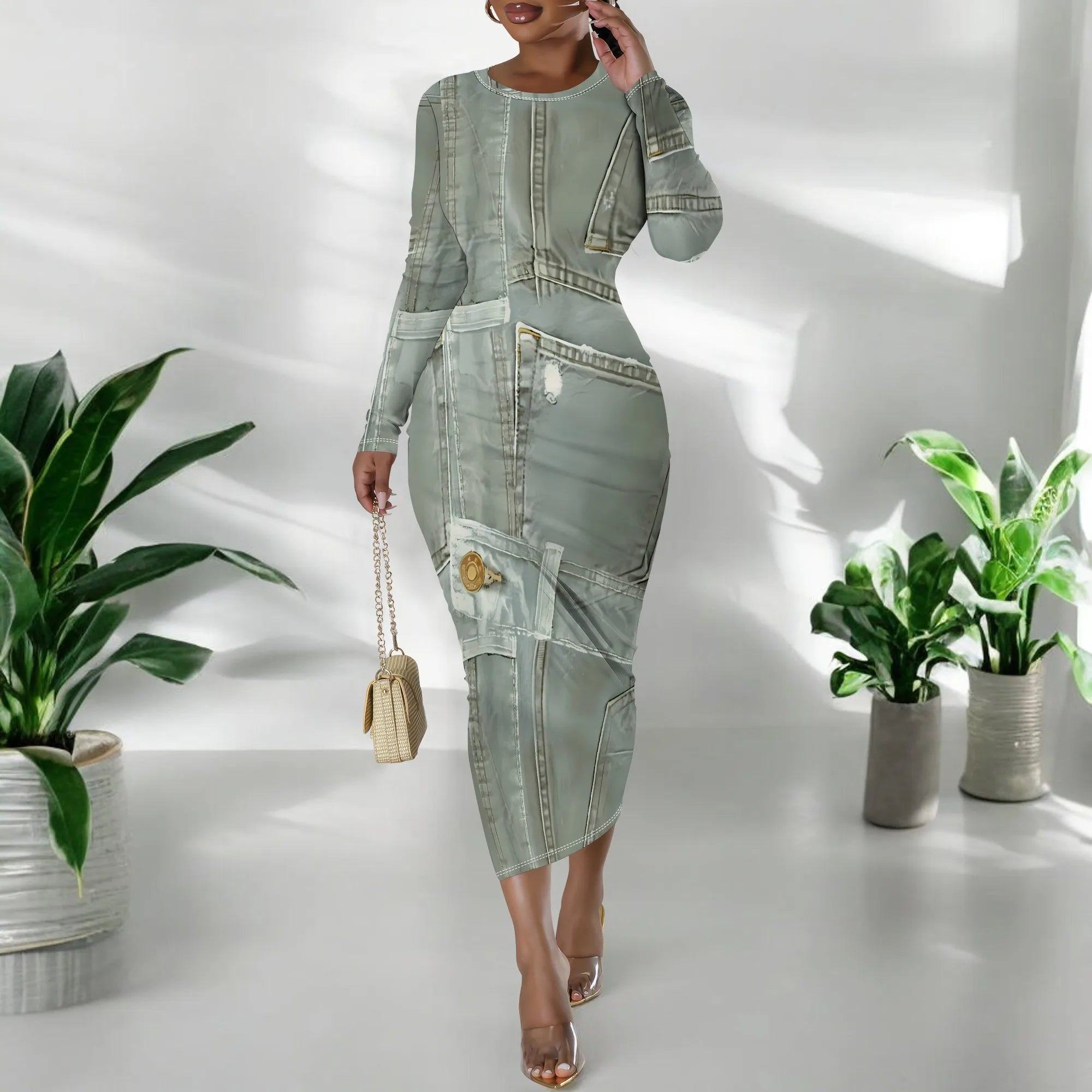 women's fashion temperament casual print slim black dress