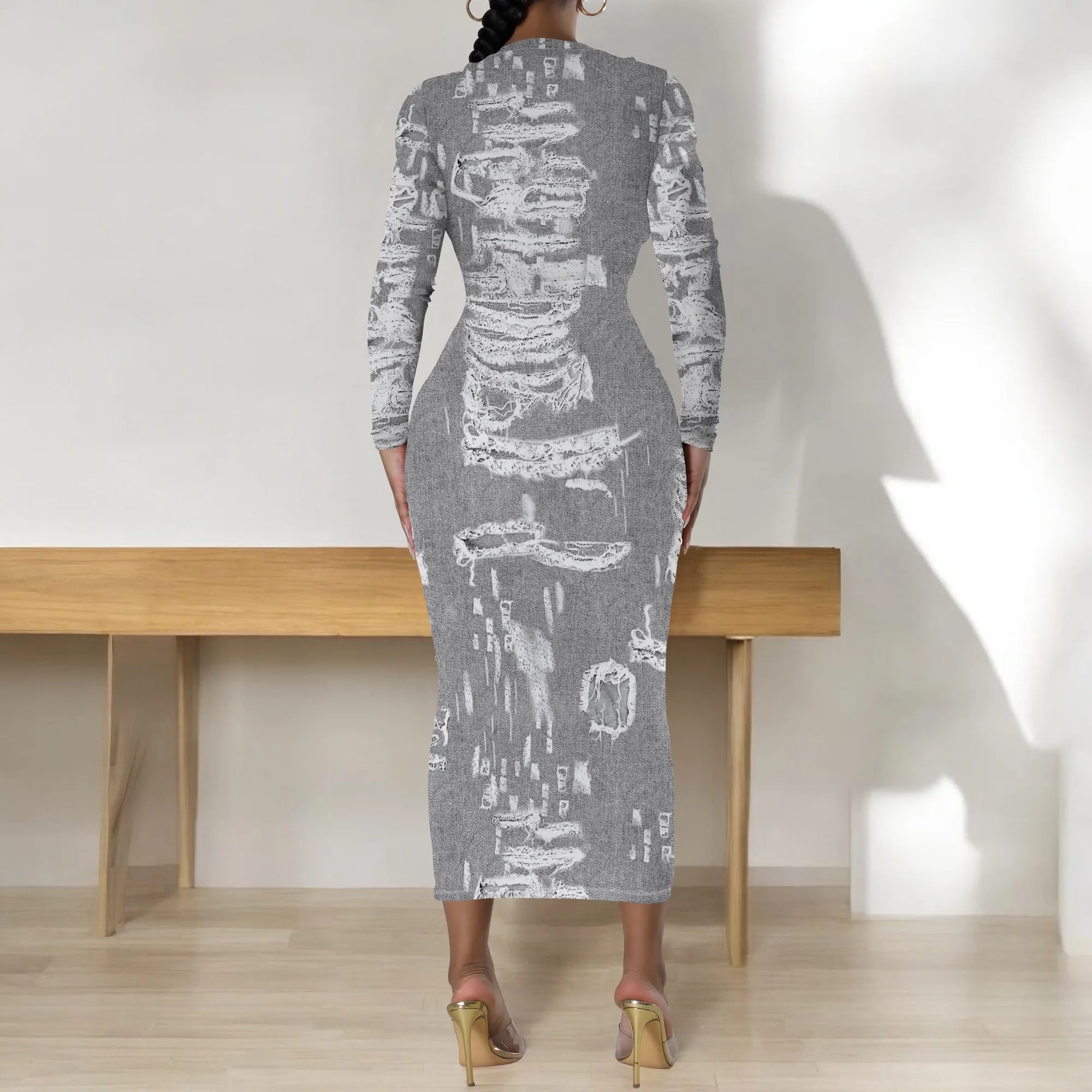 women's fashion temperament casual print slim black dress