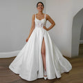 Satin Wedding Dresses For Woman Bride Sleeveless Slit Sweetheart Pleat Appliques Robe De Mariée Customized