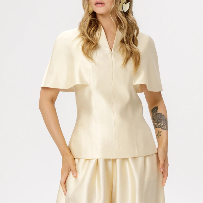 Fashion Women T-shirt Set Chic Stand Collar Short Sleeve V-neck Female Top Wide Leg Pant Jogger Lady Summer Commute 2026