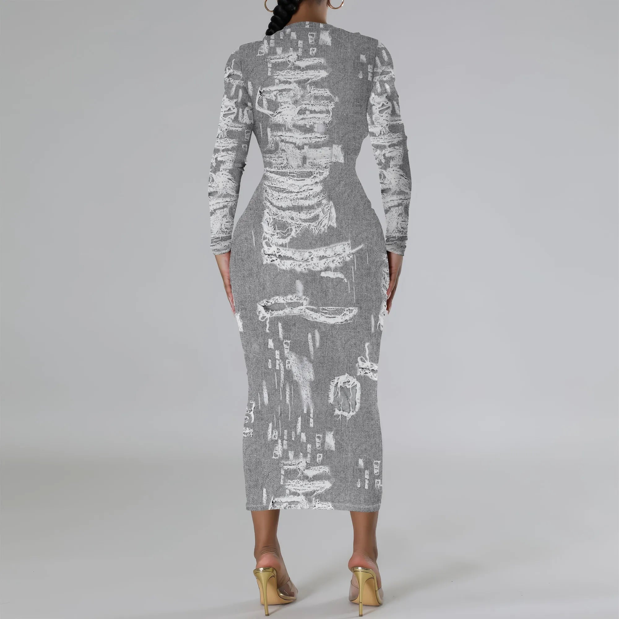 women's fashion temperament casual print slim black dress