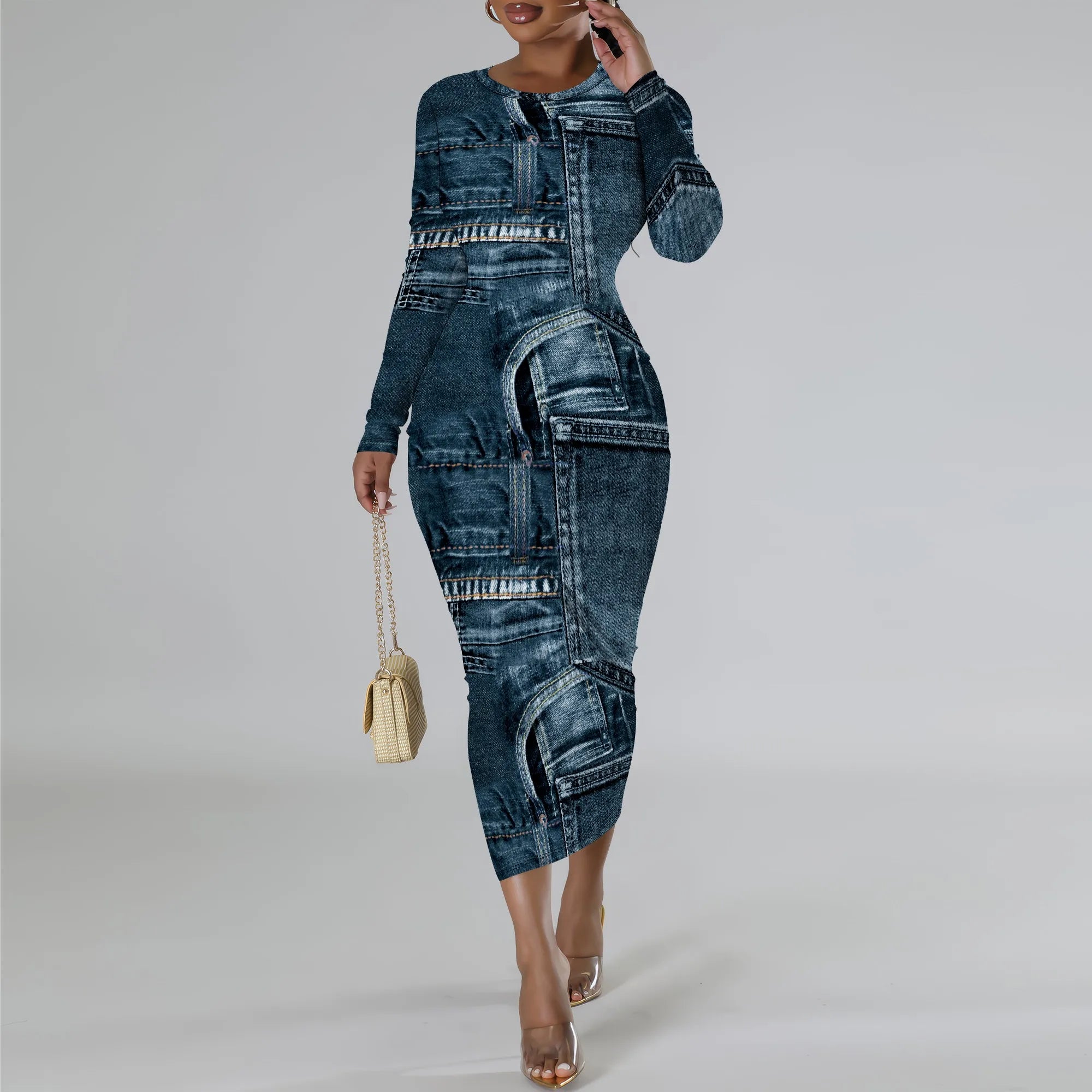 women's fashion temperament casual print slim black dress