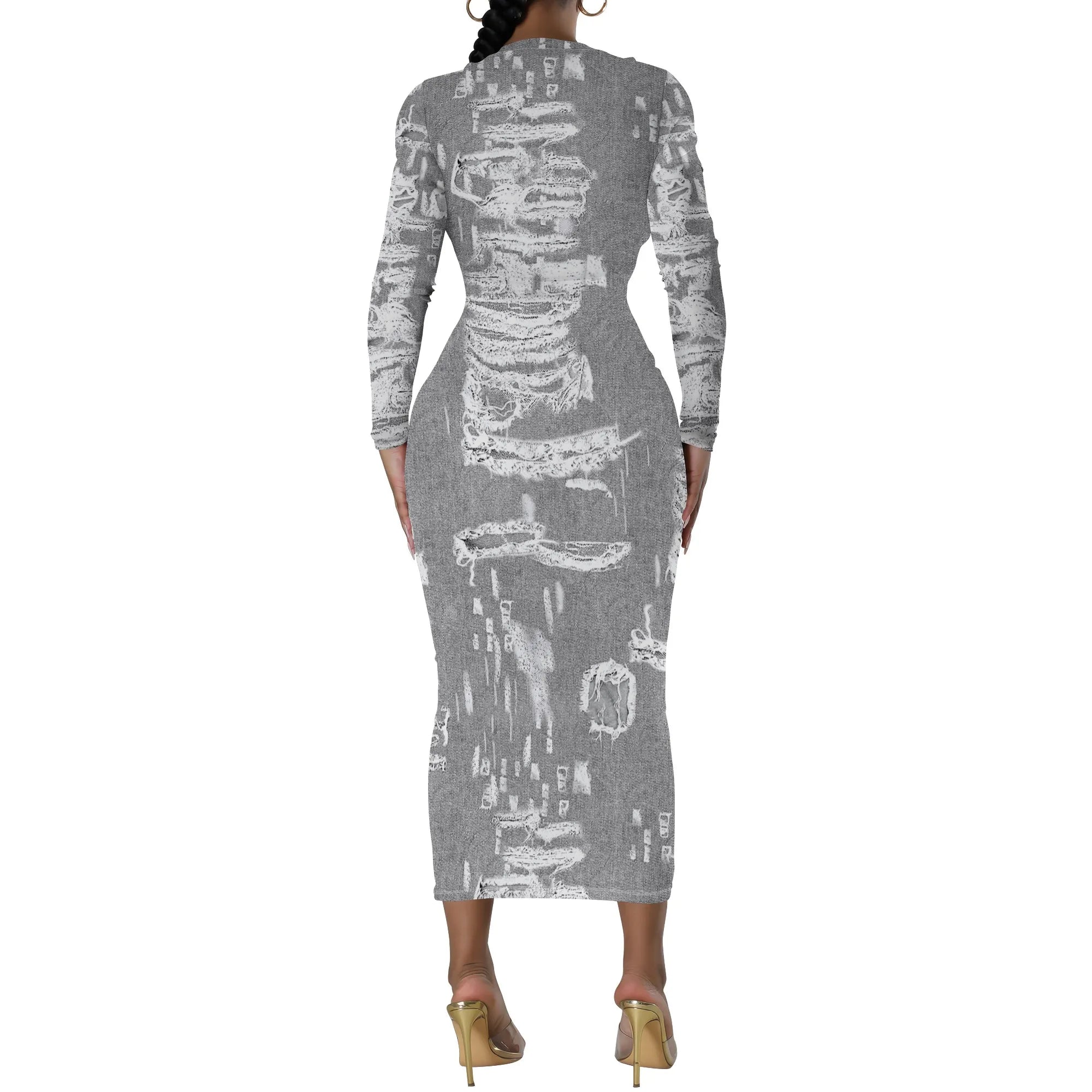 women's fashion temperament casual print slim black dress