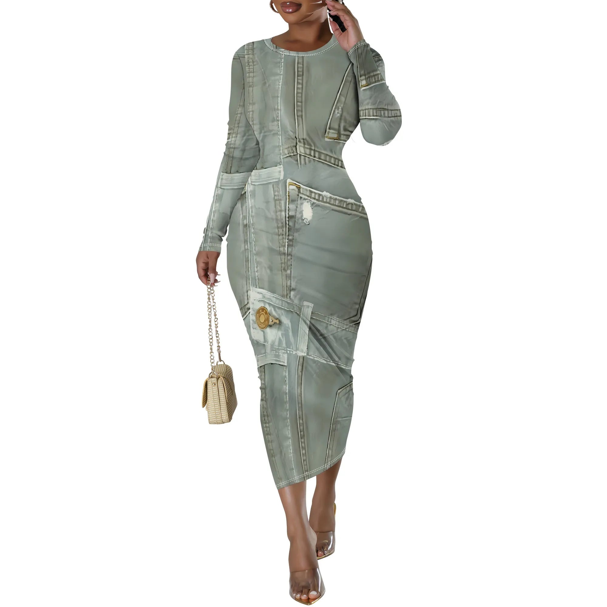 women's fashion temperament casual print slim black dress