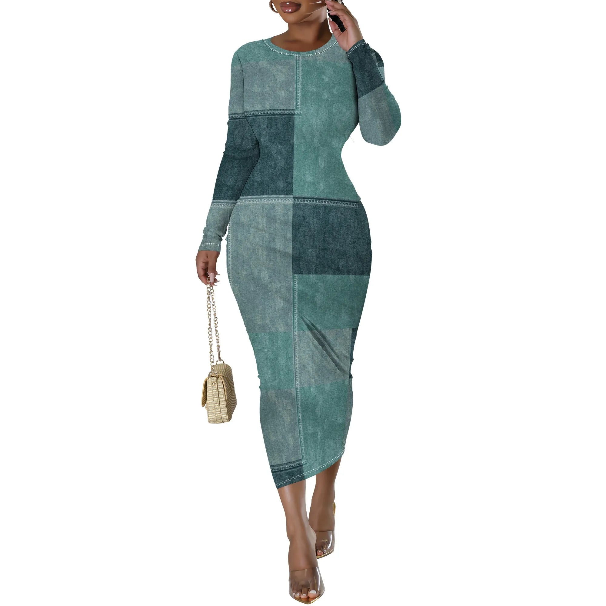 women's fashion temperament casual print slim black dress