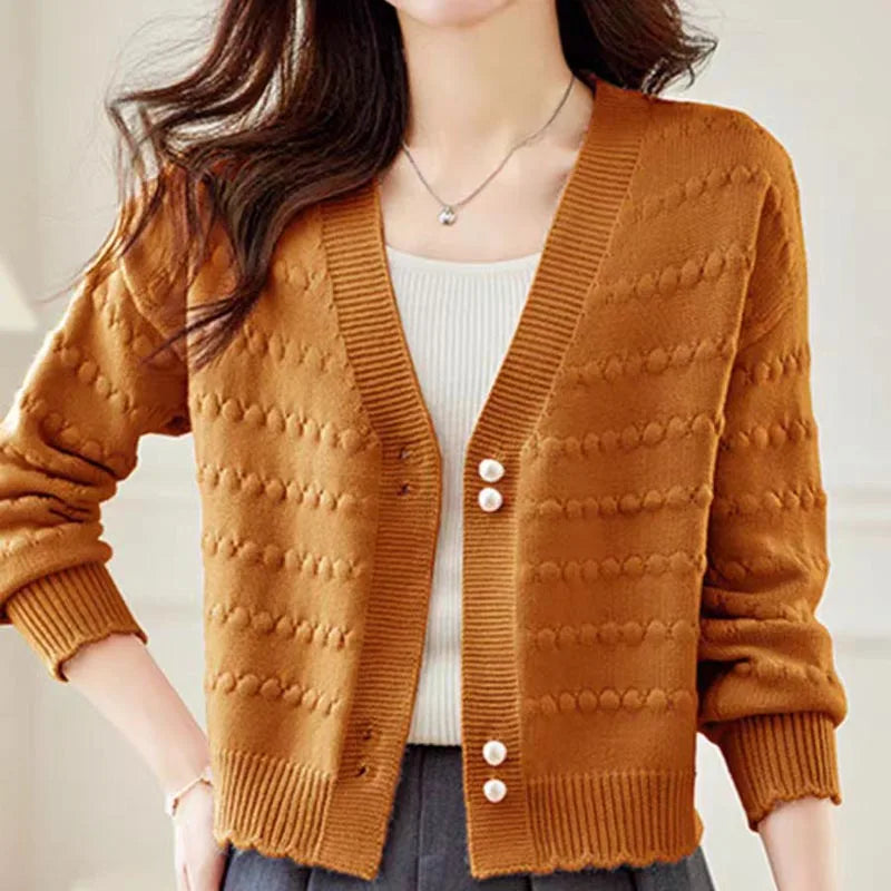 Women's Clothing Elegant Fashion V-neck Knit Cardigan Autumn Winter New Solid Sweet All-match Long Sleeve Top Lady Chic Sweaters