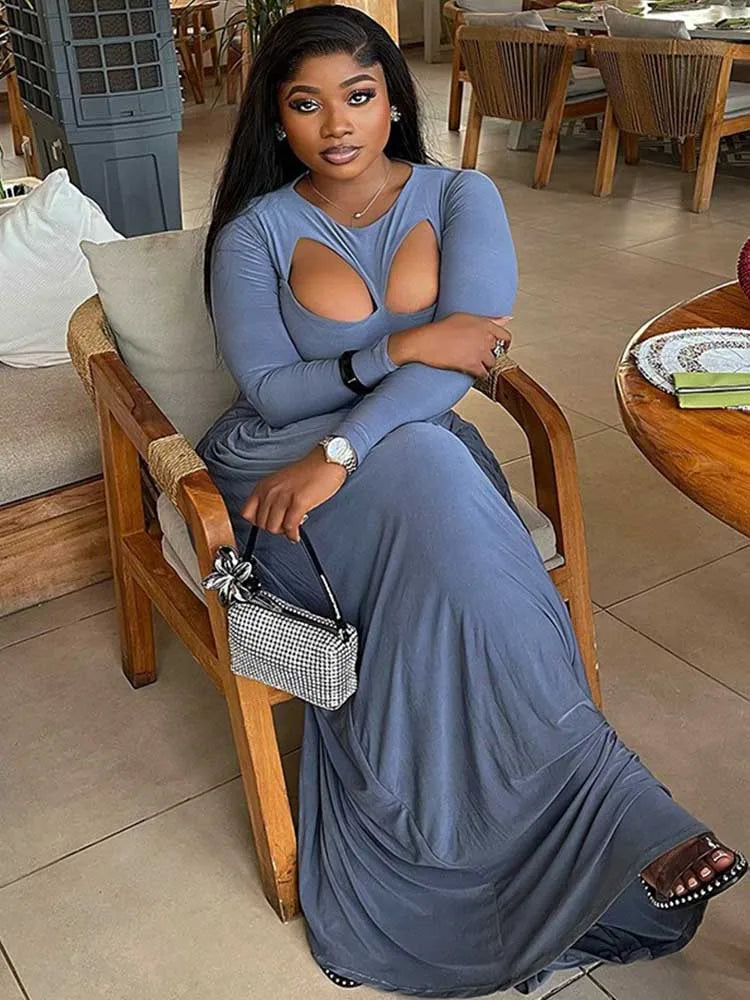 Woman Autumn Dresses Elegant High Waist Long Sleeve Dress Maxi Hollow Out Collar Chic Pleated Blue Colored Dresses