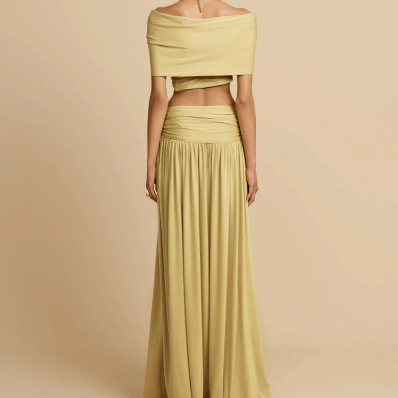 Women Fashion Hight Waist Draped Solid Outfit Elegant Half Skirt 2Pc Suit Sexy Off Shoulder Sleeveless Crop Top & Long Skirt Set