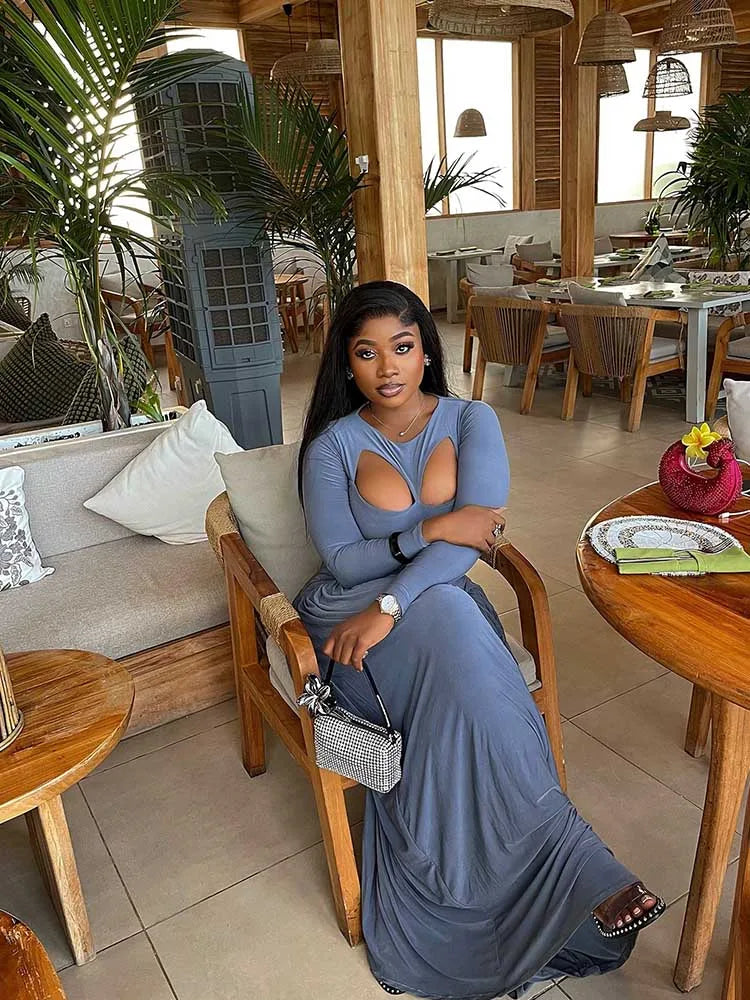 Woman Autumn Dresses Elegant High Waist Long Sleeve Dress Maxi Hollow Out Collar Chic Pleated Blue Colored Dresses