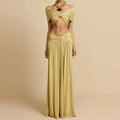 Women Fashion Hight Waist Draped Solid Outfit Elegant Half Skirt 2Pc Suit Sexy Off Shoulder Sleeveless Crop Top & Long Skirt Set