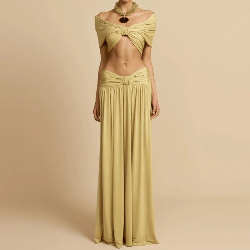 Women Fashion Hight Waist Draped Solid Outfit Elegant Half Skirt 2Pc Suit Sexy Off Shoulder Sleeveless Crop Top & Long Skirt Set
