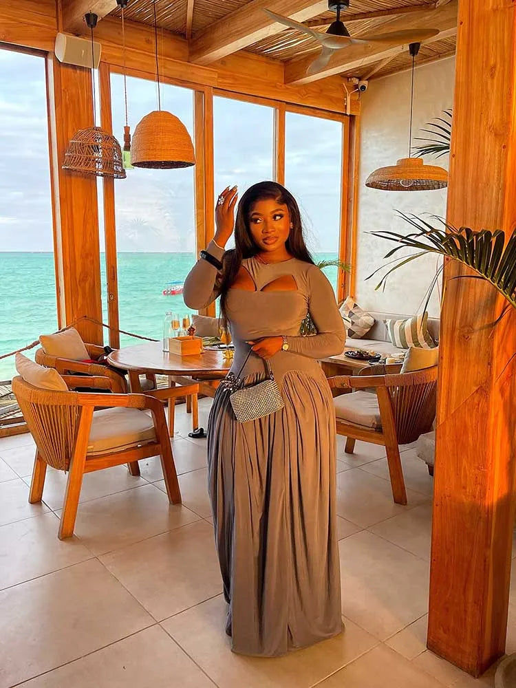 Woman Autumn Dresses Elegant High Waist Long Sleeve Dress Maxi Hollow Out Collar Chic Pleated Blue Colored Dresses