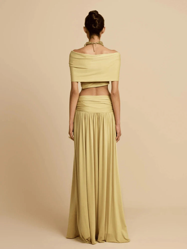 Women Fashion Hight Waist Draped Solid Outfit Elegant Half Skirt 2Pc Suit Sexy Off Shoulder Sleeveless Crop Top & Long Skirt Set