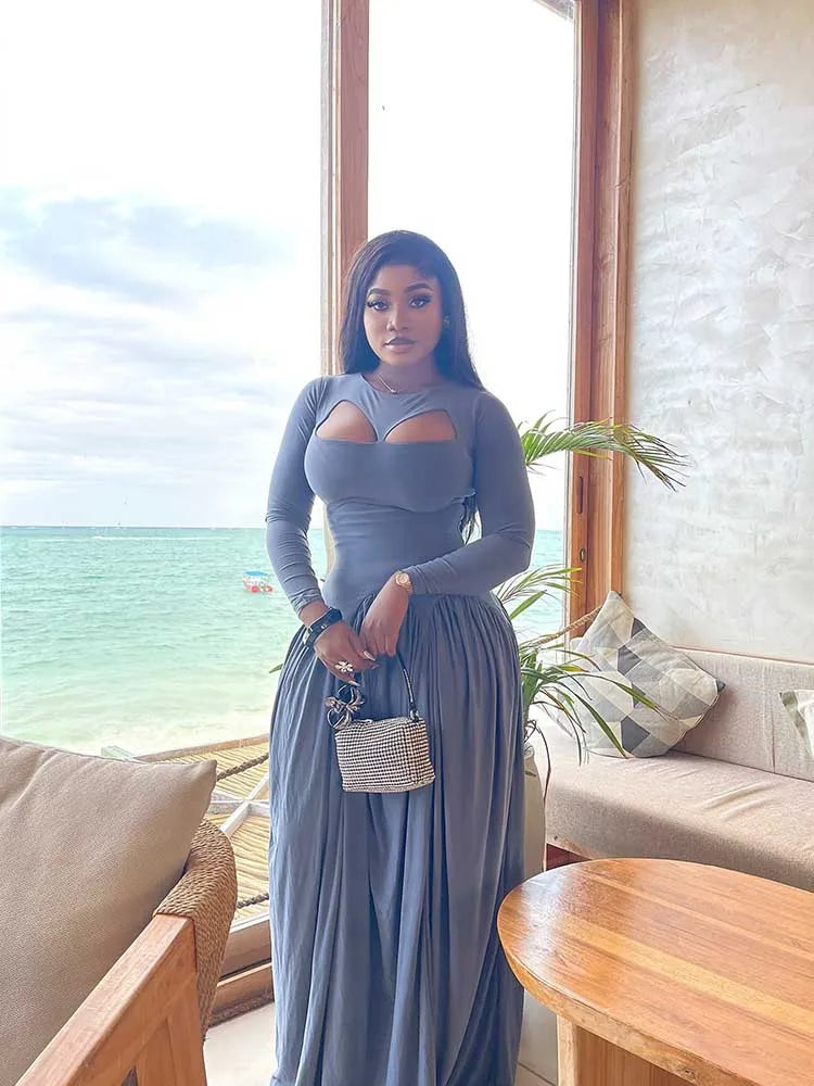 Woman Autumn Dresses Elegant High Waist Long Sleeve Dress Maxi Hollow Out Collar Chic Pleated Blue Colored Dresses