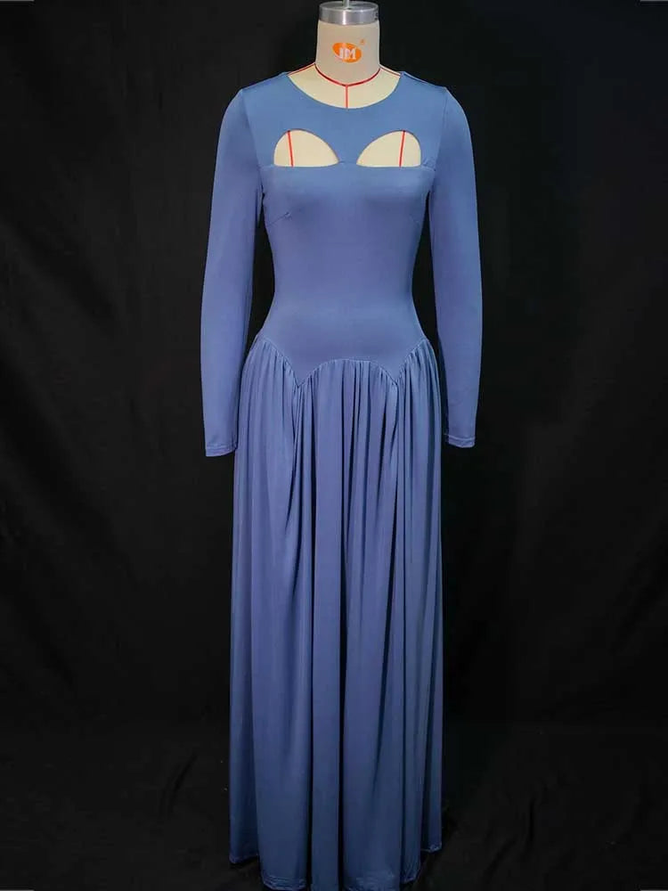 Woman Autumn Dresses Elegant High Waist Long Sleeve Dress Maxi Hollow Out Collar Chic Pleated Blue Colored Dresses