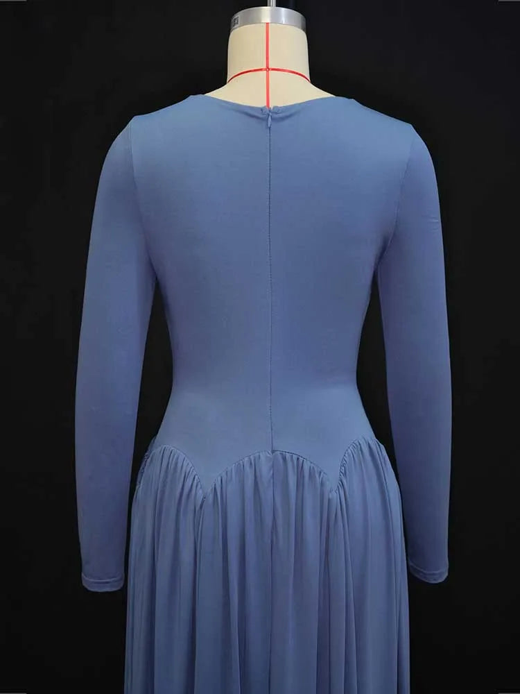 Woman Autumn Dresses Elegant High Waist Long Sleeve Dress Maxi Hollow Out Collar Chic Pleated Blue Colored Dresses