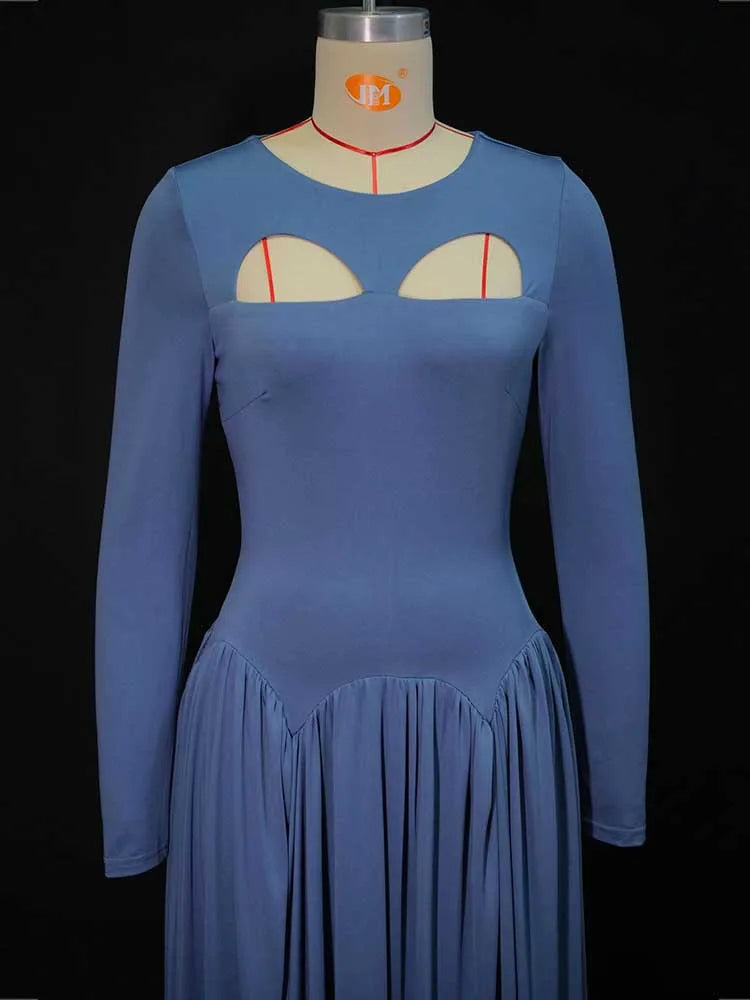 Woman Autumn Dresses Elegant High Waist Long Sleeve Dress Maxi Hollow Out Collar Chic Pleated Blue Colored Dresses