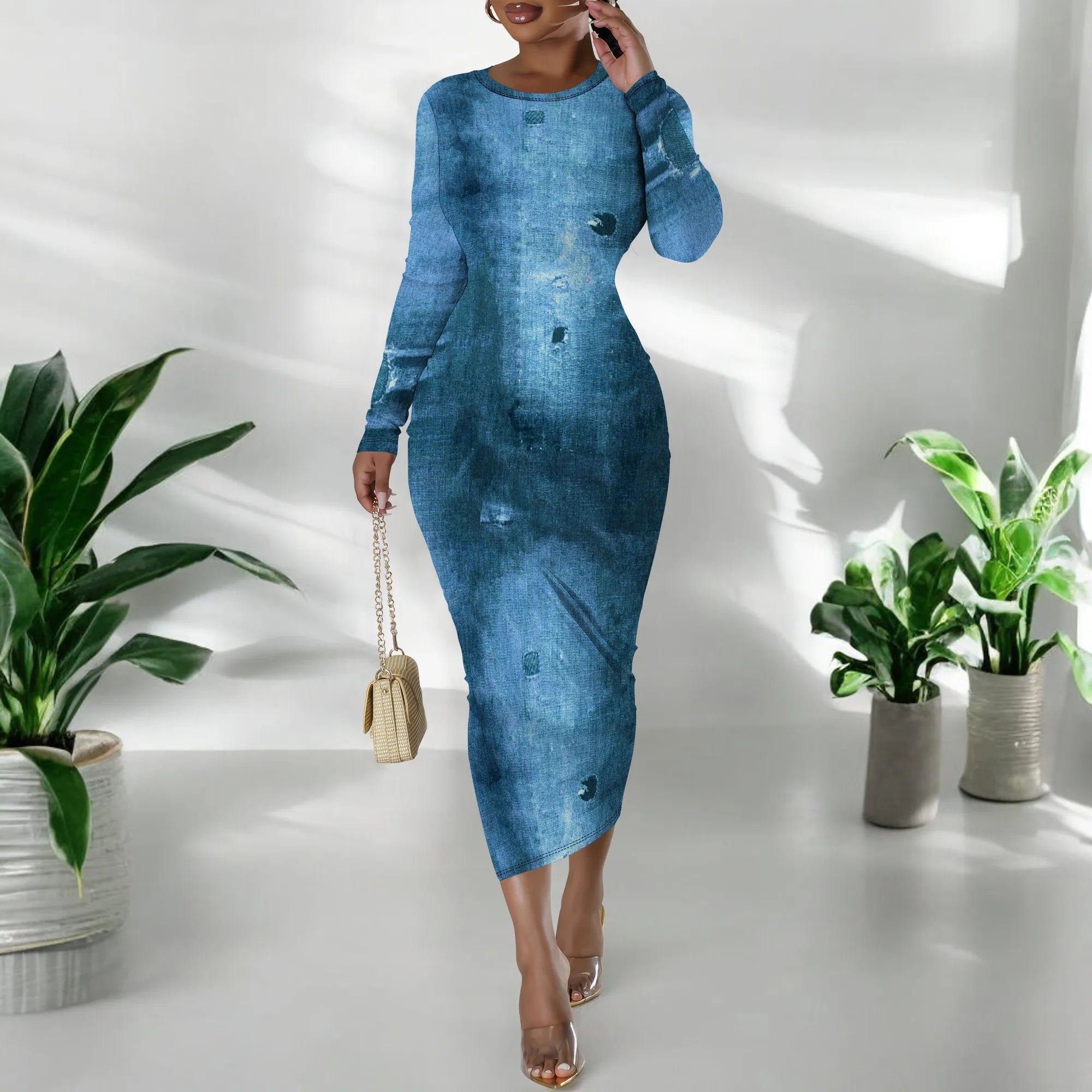 women's fashion temperament casual print slim black dress