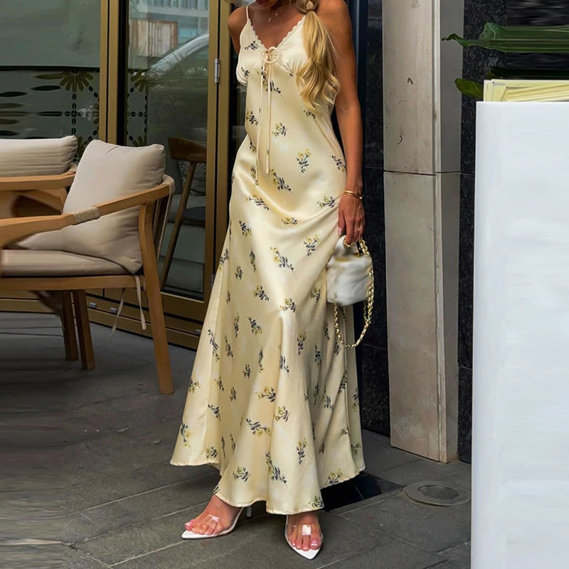 Fashion Personality Women's Dress Elegant Floral Print Waist Slim Suspender Dress 2026 Spring Summer Sexy Sleeveless Long Dress