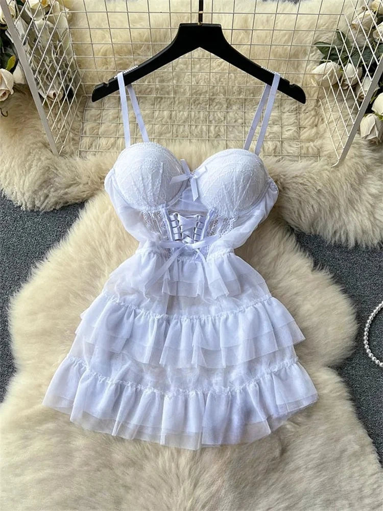 Woman Mesh Fashion Dress Sexy Comfortable Dress Lace Up Backless Breathable Cake Bodycon Dress Party Hotsweet