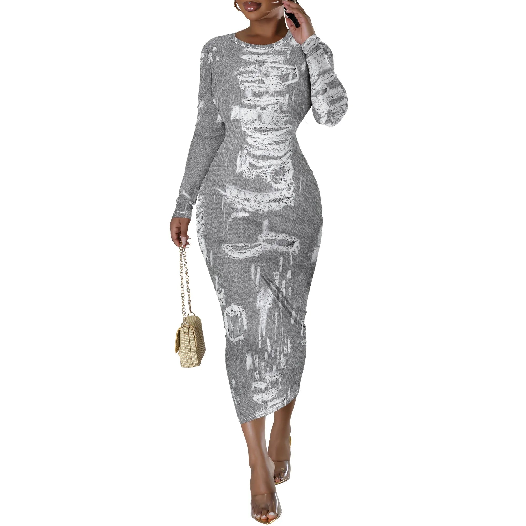 women's fashion temperament casual print slim black dress