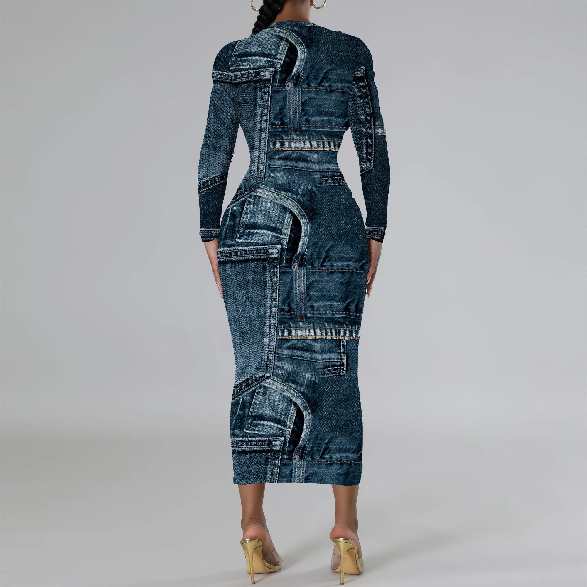 women's fashion temperament casual print slim black dress