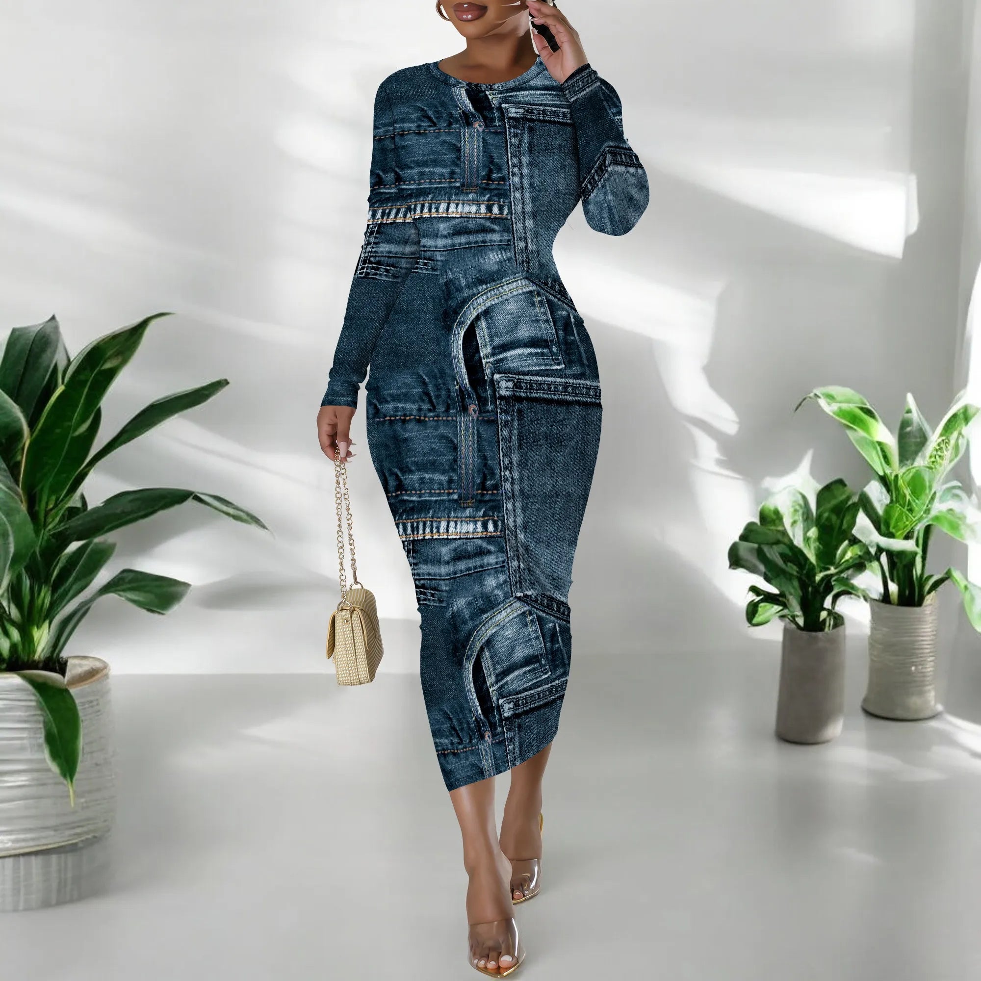 women's fashion temperament casual print slim black dress