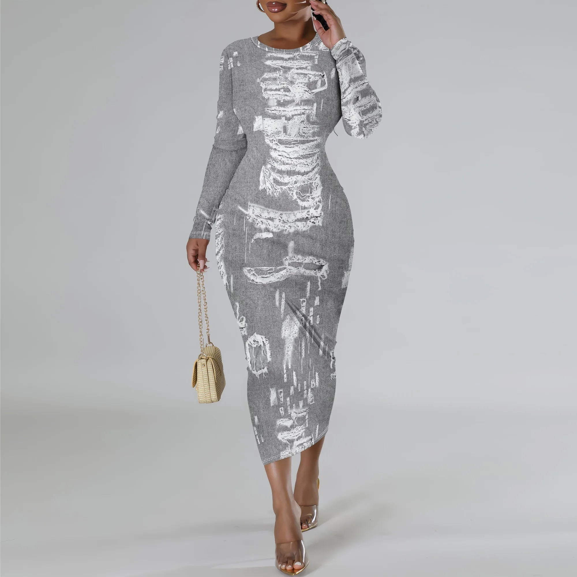 women's fashion temperament casual print slim black dress