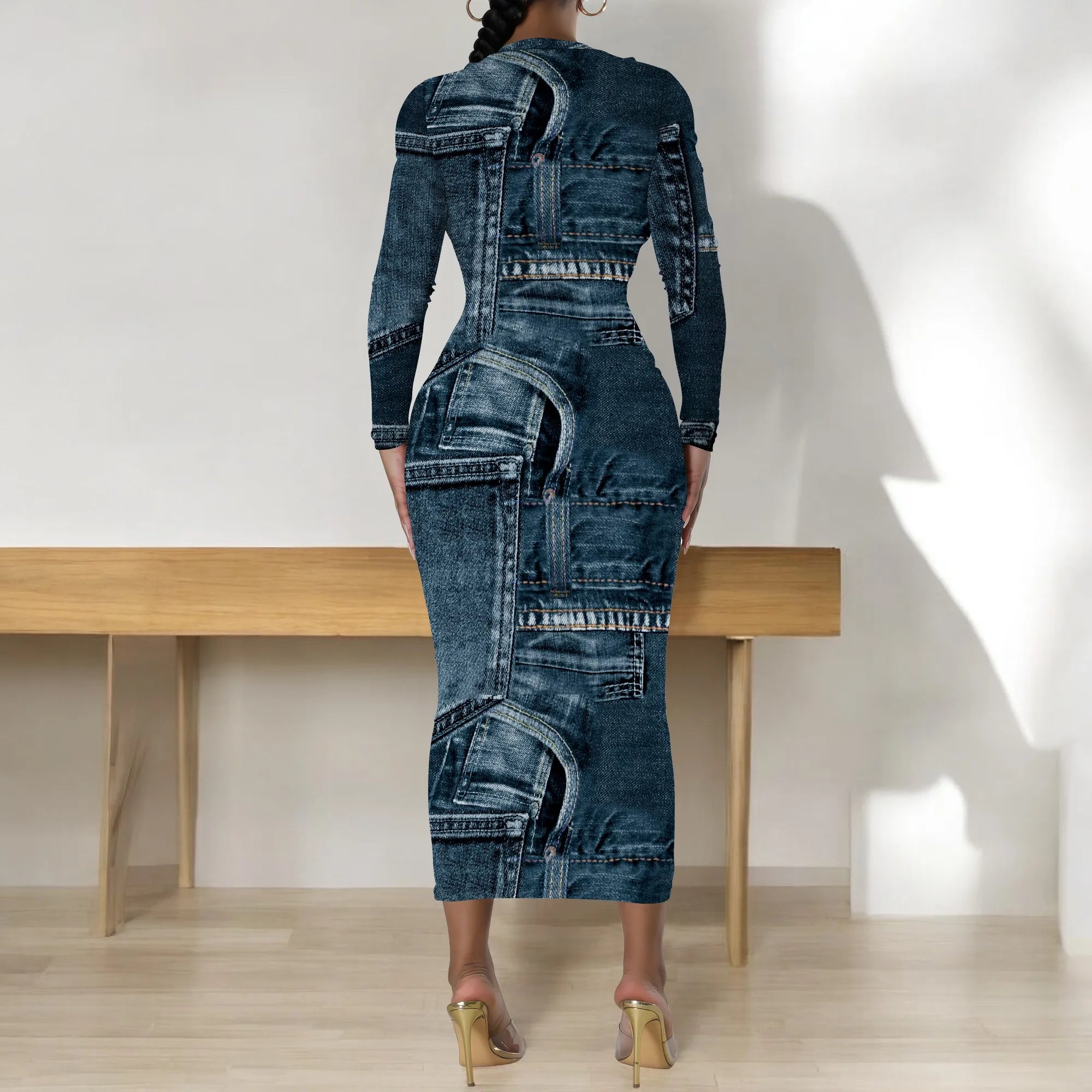 women's fashion temperament casual print slim black dress
