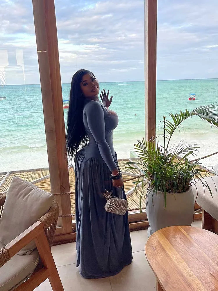 Woman Autumn Dresses Elegant High Waist Long Sleeve Dress Maxi Hollow Out Collar Chic Pleated Blue Colored Dresses