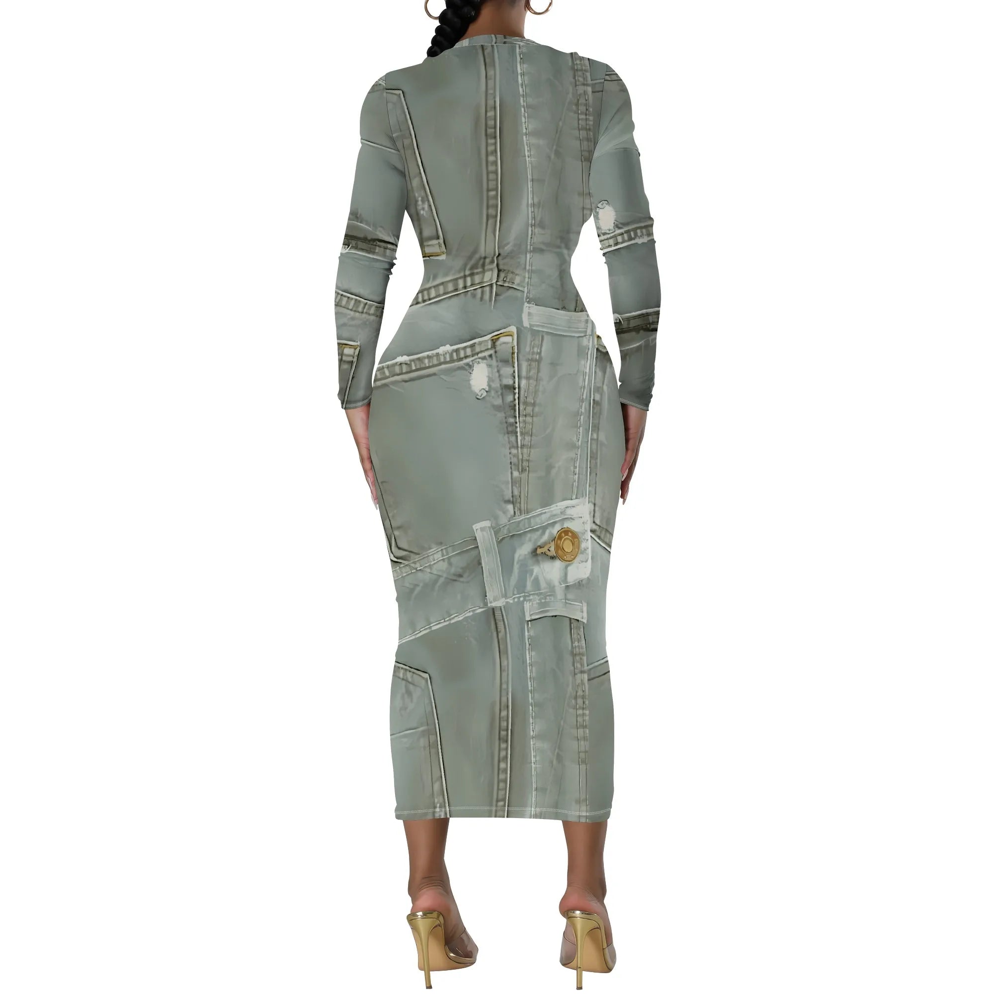 women's fashion temperament casual print slim black dress