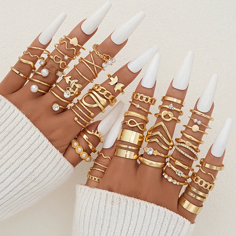 New Fashion Geometric Knuckle Rings Set For Women Boho Butterfly Heart Zircon Gold Color Finger Ring Trendy Party Jewelry Gifts