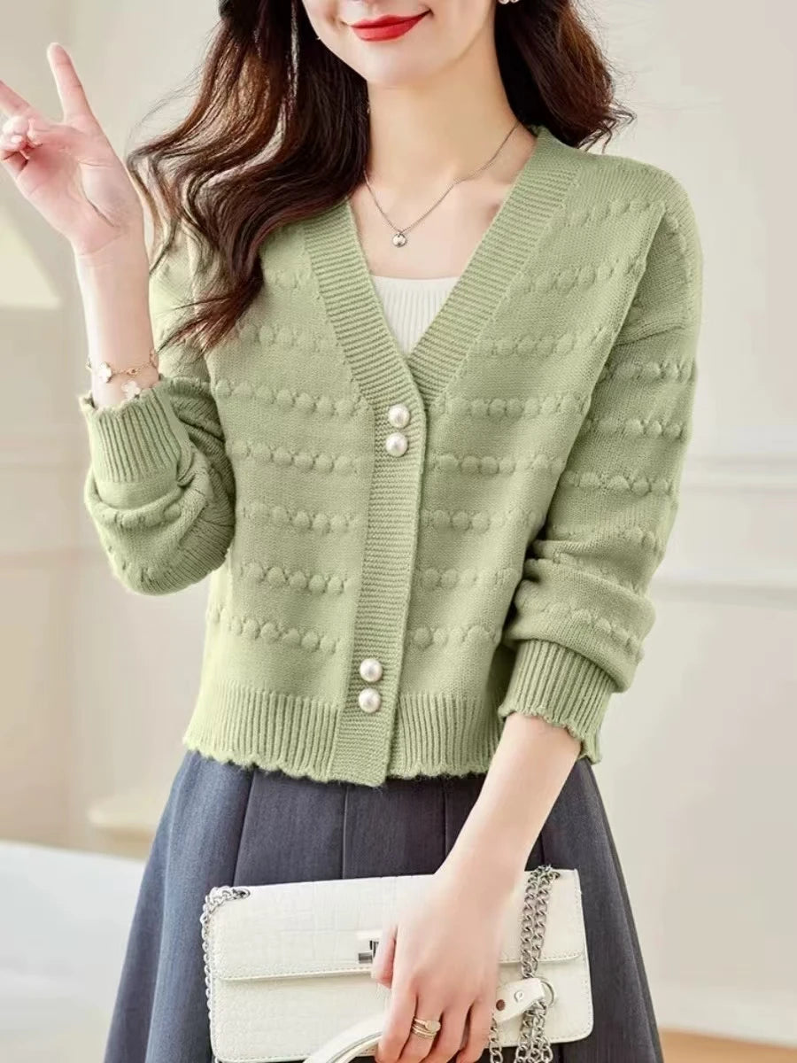 Women's Clothing Elegant Fashion V-neck Knit Cardigan Autumn Winter New Solid Sweet All-match Long Sleeve Top Lady Chic Sweaters