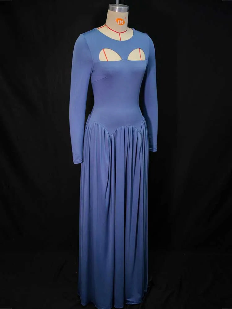Woman Autumn Dresses Elegant High Waist Long Sleeve Dress Maxi Hollow Out Collar Chic Pleated Blue Colored Dresses