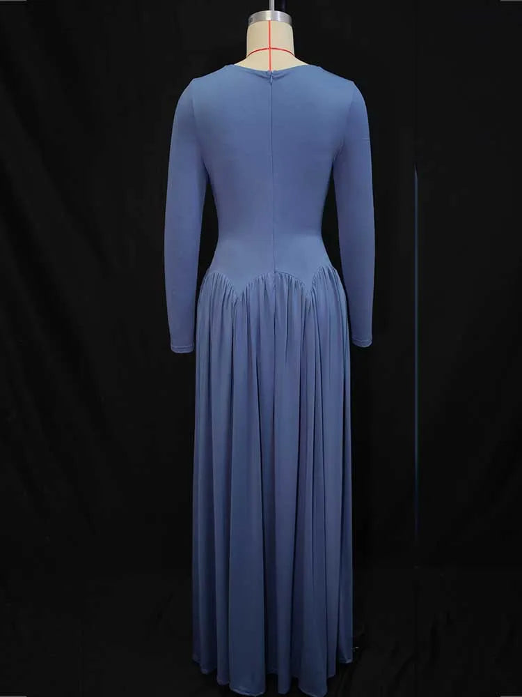 Woman Autumn Dresses Elegant High Waist Long Sleeve Dress Maxi Hollow Out Collar Chic Pleated Blue Colored Dresses