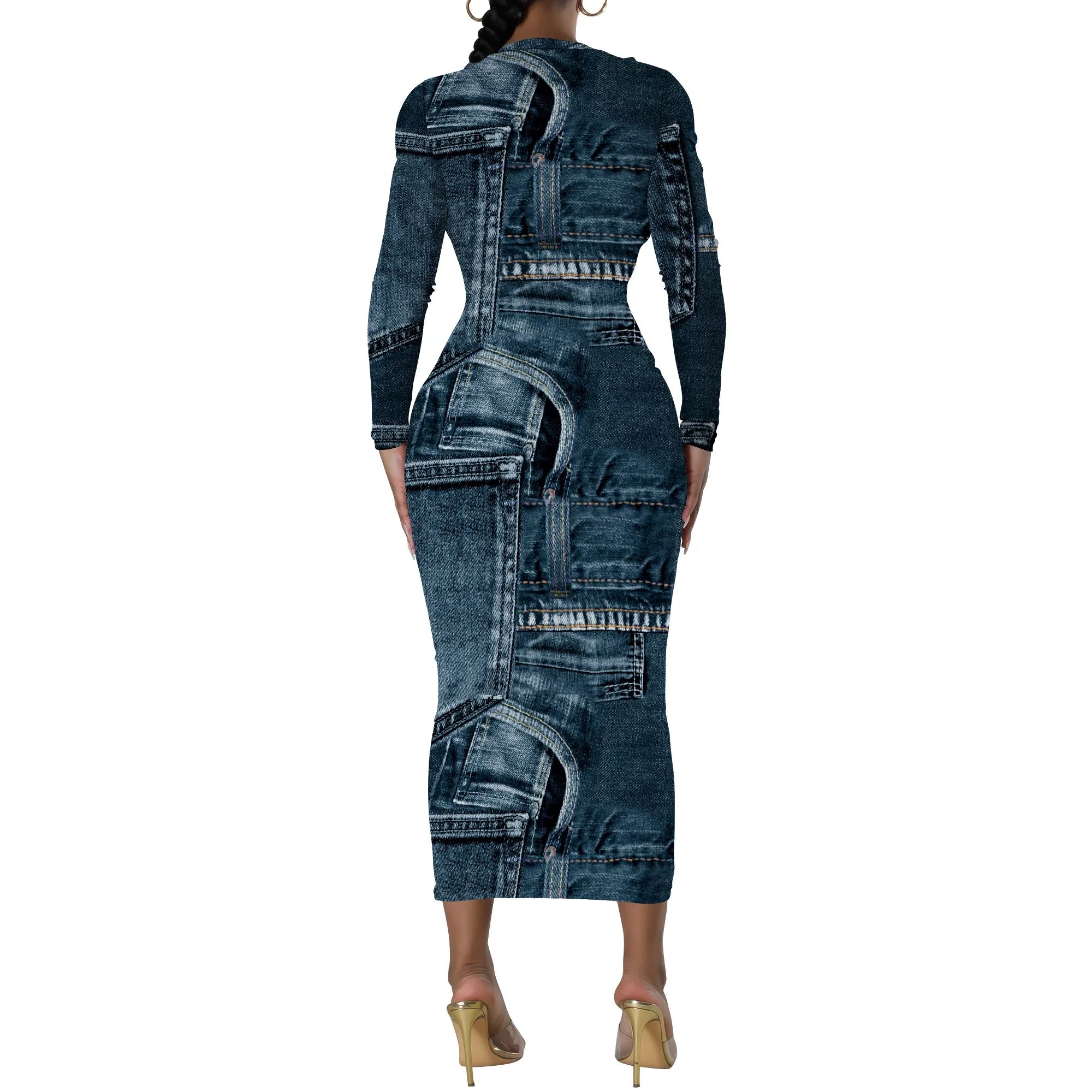 women's fashion temperament casual print slim black dress